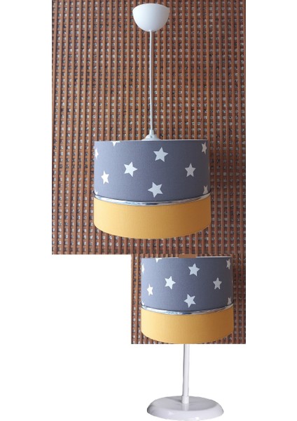 Gri Yıldızlı Sarı 2.li Set M-0412 Kumaş Kaplama Genç ve Çocuk Odası Avize ve Abajur Takımı