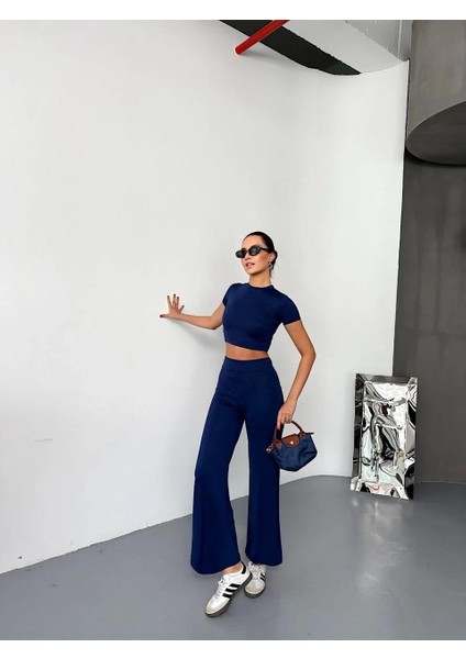 Osy Modal Yumuşak Dokulu Kumaş Kısa Kollu Crop Alt Ispanyol Paça Pantalon Ikili Takım - Lacivert