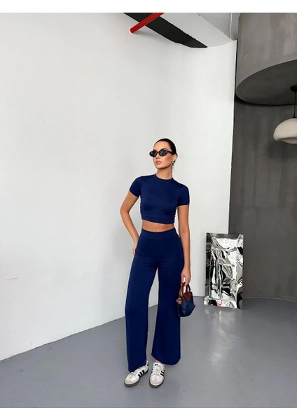 Osy Modal Yumuşak Dokulu Kumaş Kısa Kollu Crop Alt Ispanyol Paça Pantalon Ikili Takım - Lacivert modelleri