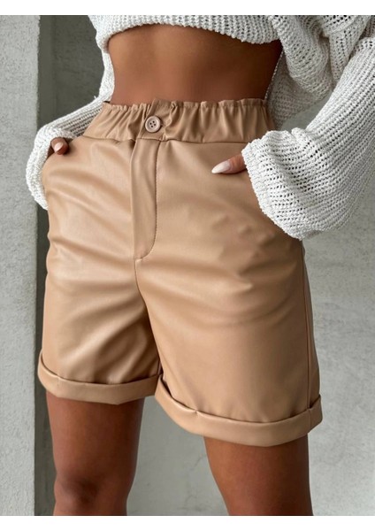 Xmpdby Beli Lastikli Duble Paça Deri Şort Bej W24755 (Beden: S)