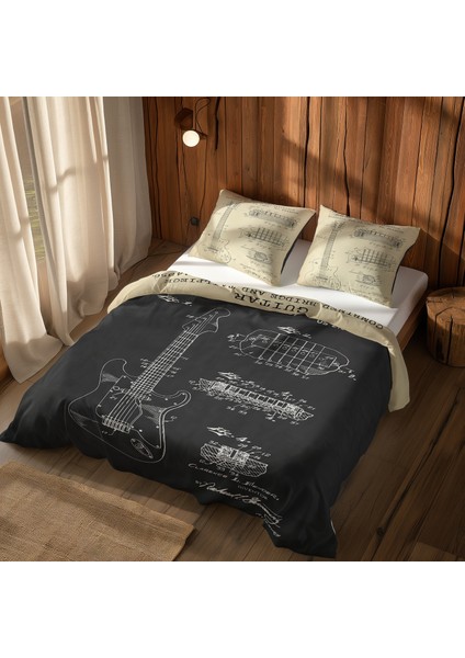 Gibson Les Paul Vintage & Fender Stratocaster Chalkboard Çift Taraflı Nevresim Takımı 200 Cm X 220cm