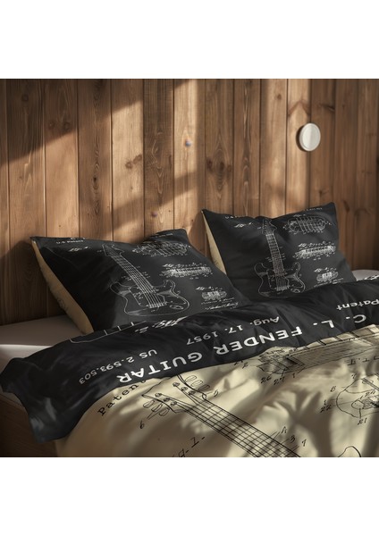 Gibson Les Paul Vintage & Fender Stratocaster Chalkboard Çift Taraflı Nevresim Takımı 200 Cm X 220cm