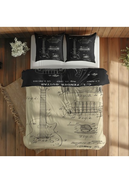 Gibson Les Paul Vintage & Fender Stratocaster Chalkboard Çift Taraflı Nevresim Takımı 200 Cm X 220cm