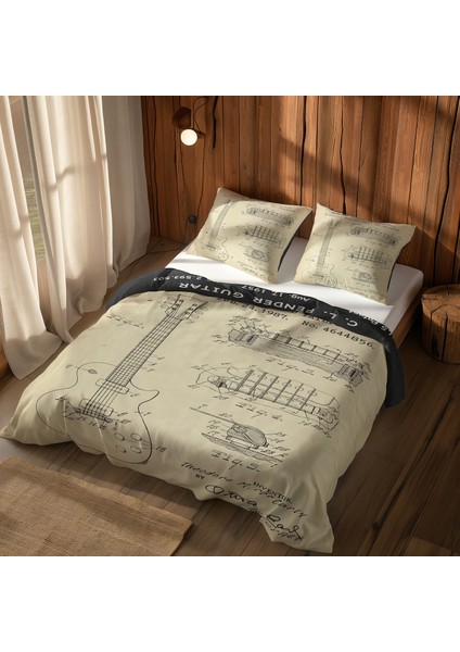 Gibson Les Paul Vintage & Fender Stratocaster Chalkboard Çift Taraflı Nevresim Takımı 200 Cm X 220cm