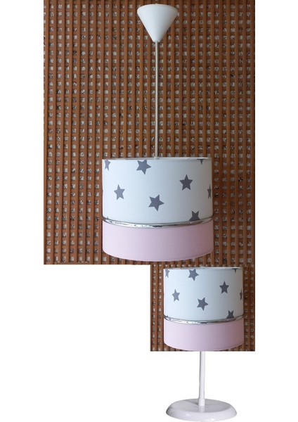 Beyaz Yıldızlı Pembe 2.li Set M-0413 Kumaş Kaplama Genç ve Çocuk Odası Avize ve Abajur Takımı