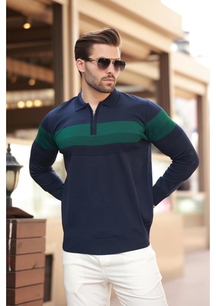 Lacivert Fermuarlı Polo Yaka Çizgili Uzun Kollu Kazak E7288