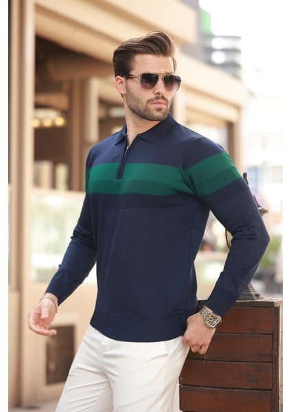 Lacivert Fermuarlı Polo Yaka Çizgili Uzun Kollu Kazak E7288 fiyatları