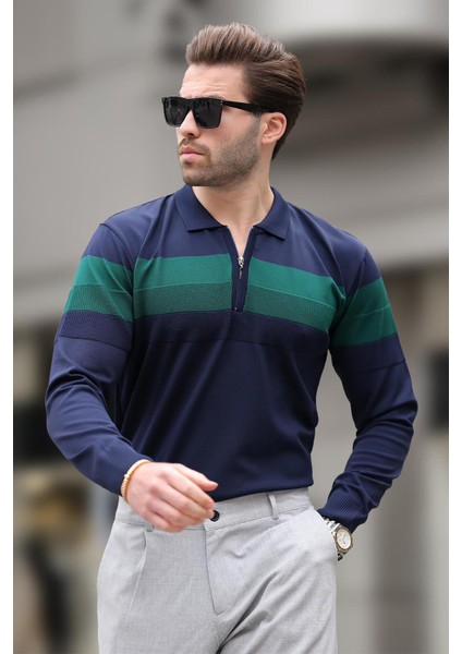Lacivert Fermuarlı Polo Yaka Çizgili Uzun Kollu Kazak E7288 modelleri