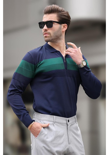Lacivert Fermuarlı Polo Yaka Çizgili Uzun Kollu Kazak E7288 fırsatları