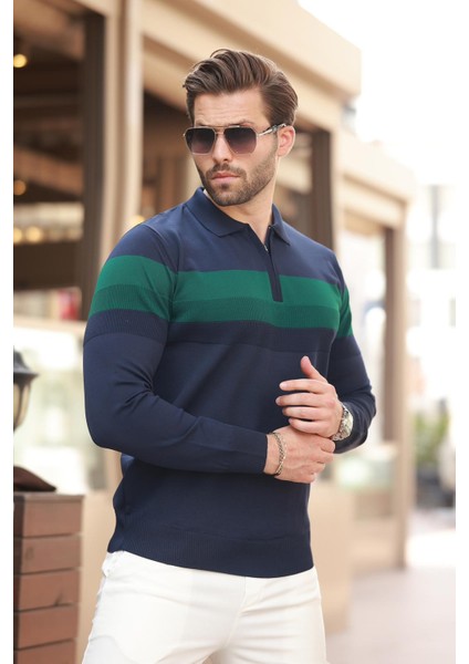 Lacivert Fermuarlı Polo Yaka Çizgili Uzun Kollu Kazak E7288 indirimleri