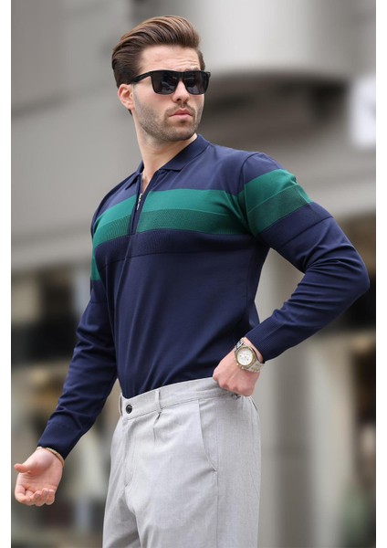 Lacivert Fermuarlı Polo Yaka Çizgili Uzun Kollu Kazak E7288