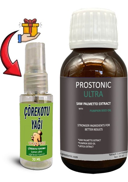 Ultra1 Kutu Erkeklere Sawpalmettolu Kabak Çekirdeği Ekstratlı 50 ml Şurup + Çörek Otu Masaj Yağı 30 ml