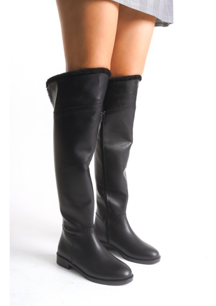 Kürklü Kadın Çizme Siyah Deri Binici Diz Üstü Kısa Topuklu Kaymaz Taban Fermuarlı Bihter