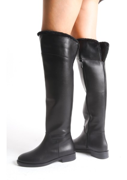 Kürklü Kadın Çizme Siyah Deri Binici Diz Üstü Kısa Topuklu Kaymaz Taban Fermuarlı Bihter