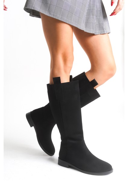 Siyah Süet Kadın Çizme Binici Diz Altı Fermuarlı Kaymaz Taban Kalın Topuklu Horsey