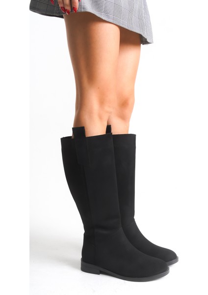 Siyah Süet Kadın Çizme Binici Diz Altı Fermuarlı Kaymaz Taban Kalın Topuklu Horsey