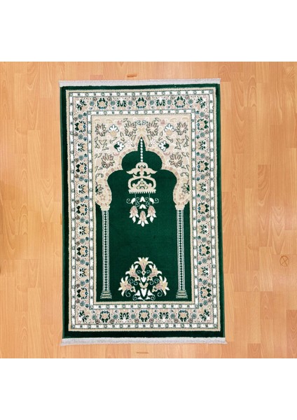 Geleneksel Motifli Yünlü Seccade Koyu Yeşil