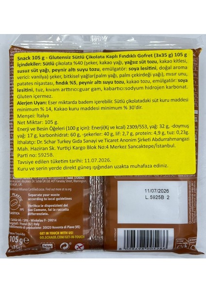 Glutensiz Sütlü Çikolata Kaplı Fındıklı Gofret 105 G fırsatları