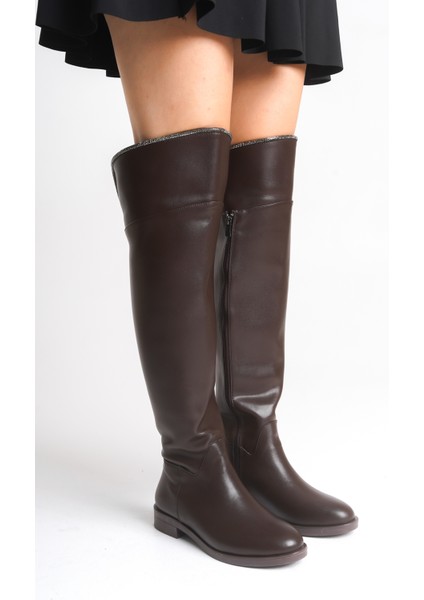Kahverengi Deri Binici Diz Üstü Kısa Topuklu Kaymaz Taban Fermuarlı Bihter Kadın Çizme