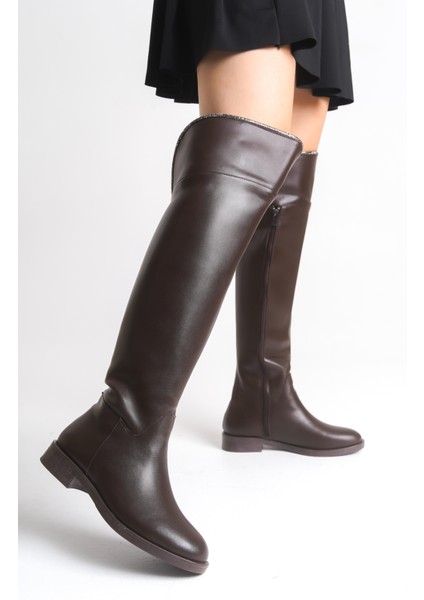 Kahverengi Deri Binici Diz Üstü Kısa Topuklu Kaymaz Taban Fermuarlı Bihter Kadın Çizme