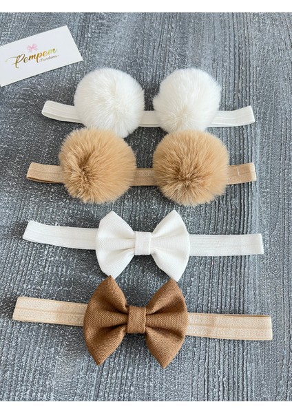 Kız Bebek 4lü Saç Bandı( Fiyonk Bandana, Ponpon Bandana) (0-2 Yaş)