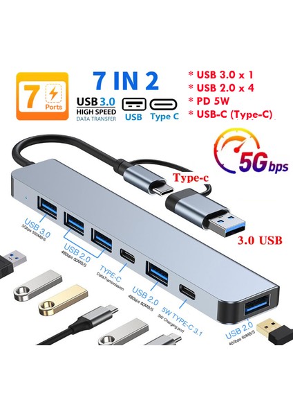 7 In 2 Hub 7 Port Çoklayıcı Çevirici USB / Type-C To Usb-C-Usb 3.0-2.0 Switch Data