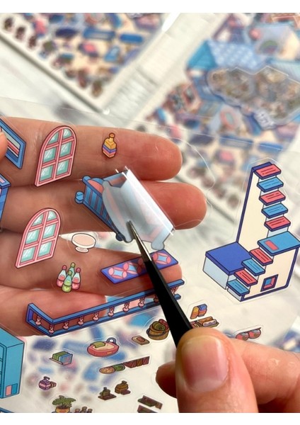 Dıy Penguen Kar Karavanı 3D Diorama Izometrik Sticker Seti/86 Adet Sticker+Karavan Kartonu modelleri