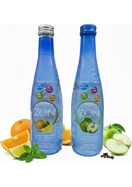Zen Portakal-Limon-Nane ve Elma-Karanfil Aromalı Zengin Mineralli Gazlı Içecek 2'li Set