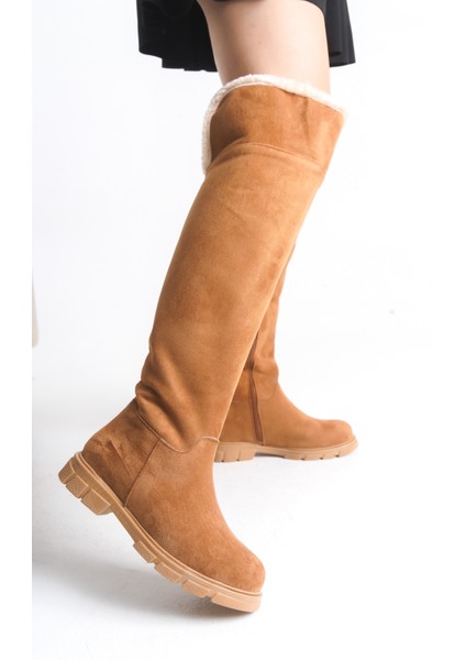 Kadın Çizme Taba Süet Binici Diz Üstü Kürklü Kaymaz Taban Fermuarlı Kety