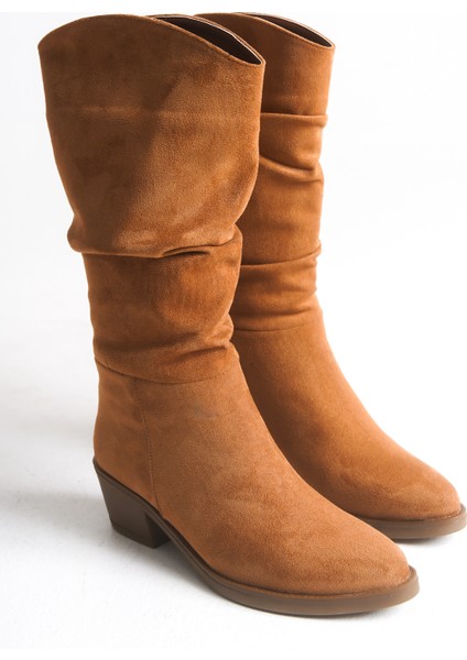 Taba Rengi Süet Kadın Çizme Western Kovboy Kaymaz Taban Kalın Topuklu Emily indirimleri