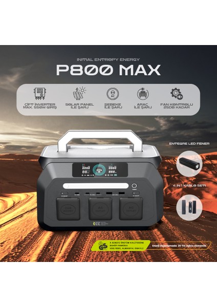 512WH | 1600W Max. Lifepo4 Taşınabilir Güç Kaynağı Dahili Fener ve Kablo Seti +4000 Döngü %99.99 Bms Çoklu Çıkış | P800 modelleri