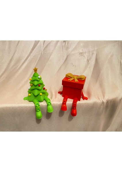 2'li Mini Yeni Yıl Ağacı ve Hediye Kutusu Eklemli Hareketli Köşe Süsü Hediyelik