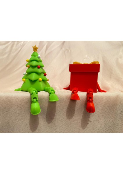 2'li Mini Yeni Yıl Ağacı ve Hediye Kutusu Eklemli Hareketli Köşe Süsü Hediyelik