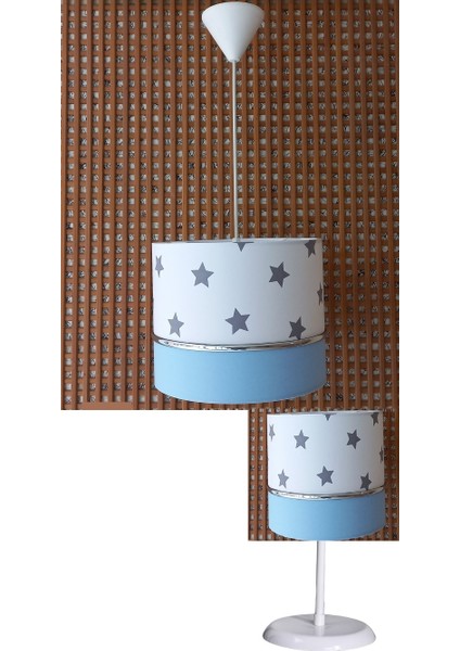 Beyaz Yıldızlı Mavi 2.li Set M-0414 Kumaş Kaplama Genç ve Çocuk Odası Avize ve Abajur Takımı