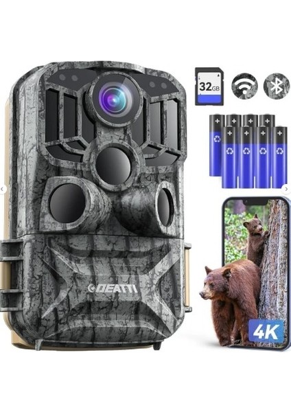 Deattı Yaban Hayatı Kamerası, Gece Görüş Hareketi ile 4K 48MP Hd Wifi Bluetooth Trail Kamera, Bahçe Yaban Hayatı Için 32GB Kart ile 120 ° Algılama Açısı, IP66 Su Geçirmez, 8* Aa Piller