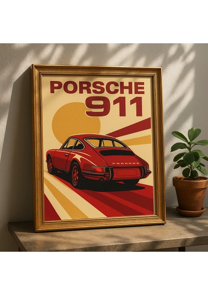 Retro Spor Araba – Kırmızı Klasik Model Altın Çerçeveli Premium Duvar Tablosu