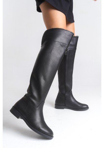 Siyah Deri Binici Diz Üstü Kısa Topuklu Kaymaz Taban Taşlı Fermuarlı Bihter Kadın Çizme fiyatları