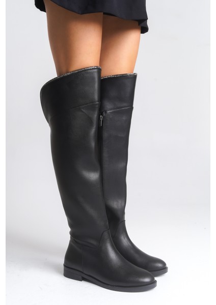 Siyah Deri Binici Diz Üstü Kısa Topuklu Kaymaz Taban Taşlı Fermuarlı Bihter Kadın Çizme modelleri