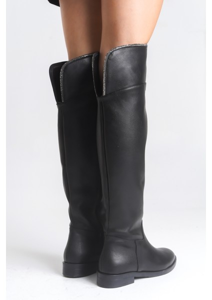 Siyah Deri Binici Diz Üstü Kısa Topuklu Kaymaz Taban Taşlı Fermuarlı Bihter Kadın Çizme fırsatları