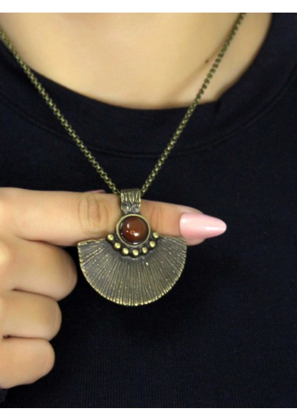 Doğal Taş Akik Doğal Taşlı Desenli Otantik Kadın Kolye 45 cm Zincirli EUK26A