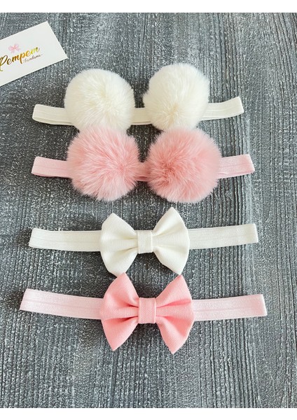 Kız Bebek 4lü Saç Bandı( Fiyonk Bandana, Ponpon Bandana) (0-2 Yaş)