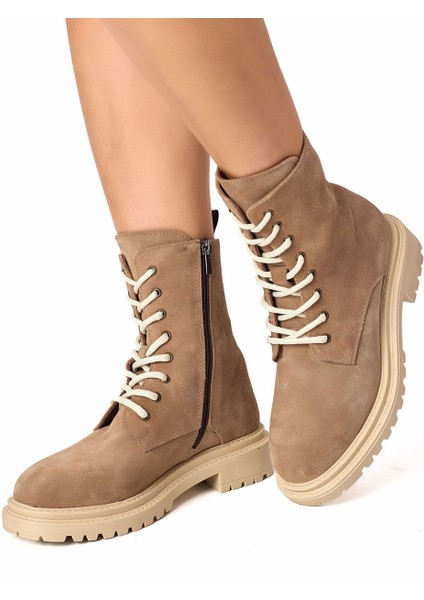 Vizon Hakiki Deri Süet Bağcıklı Fermuarlı Kadın Bot