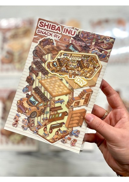 Dıy Shiba Inu Atıştırmalık Karavanı 3D Diorama Izometrik Sticker Set/99 Adet Sticker+Karavan Kartonu