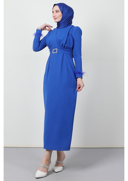 Tüy Detay Tesettür Elbise Saks