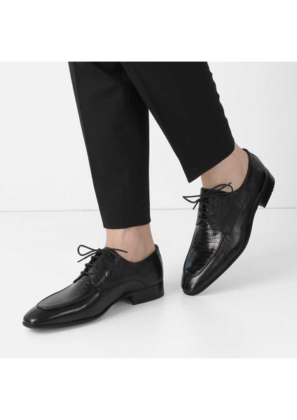 Erkek Siyah Kroko Bağcıklı Deri Klasik Ayakkabı