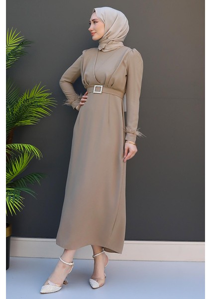 Tüy Detay Tesettür Elbise Vizon