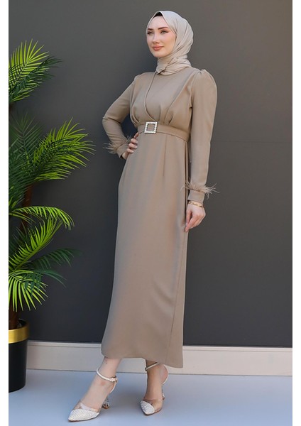 Tüy Detay Tesettür Elbise Vizon modelleri