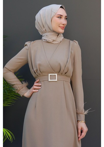 Tüy Detay Tesettür Elbise Vizon indirimleri