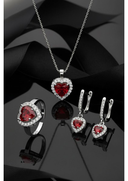 925 Ayar Lal Taşlı Rodyum Pırlanta Işıltılı Kalp 3'lü Gümüş Set-Takım *ayarlanabilir