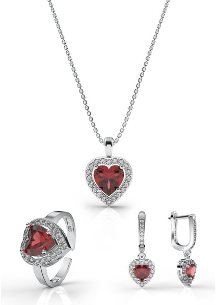 925 Ayar Lal Taşlı Rodyum Pırlanta Işıltılı Kalp 3'lü Gümüş Set-Takım *ayarlanabilir modelleri